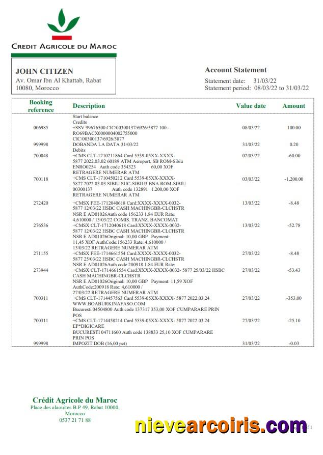 Morocco Credit Agricole bank statement Word and PDF